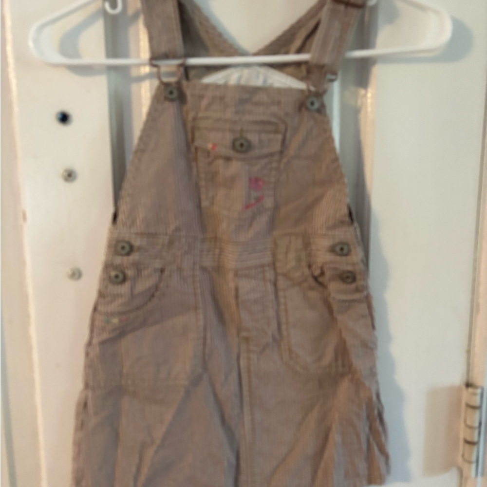 OshKosh B'gosh Striped Cotton Overall Sleeveless Dress Brown/White Embroidered